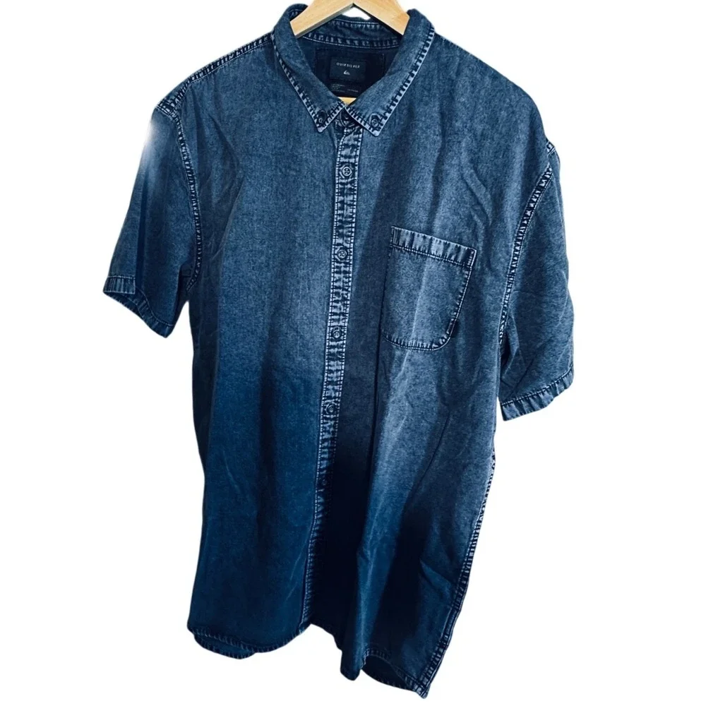 Quiksilver Men's Short Sleeve Denim Blue Chambray Button-Up Shirt Modern Fit XXL